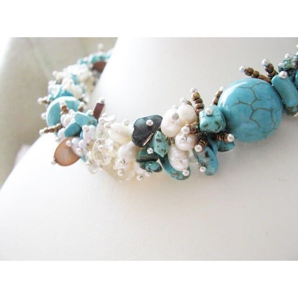 Turquoise Multi-Gemstone Fresh Water Pearl Cluster Wire wrapped Necklace - Picture 6 of 8